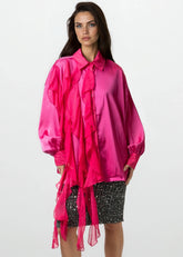 Ruffle Draped Satin Dress Shirt