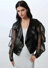 Satin Lapel Cropped Mesh Jacket