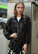 Sheer Embroidered Mesh Button Up