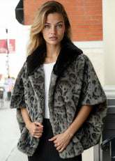 Snow Leopard Faux Fur Hooded Poncho