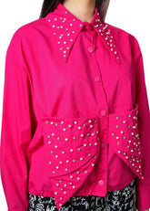 Studded Drawstring Hem Bow Blouse