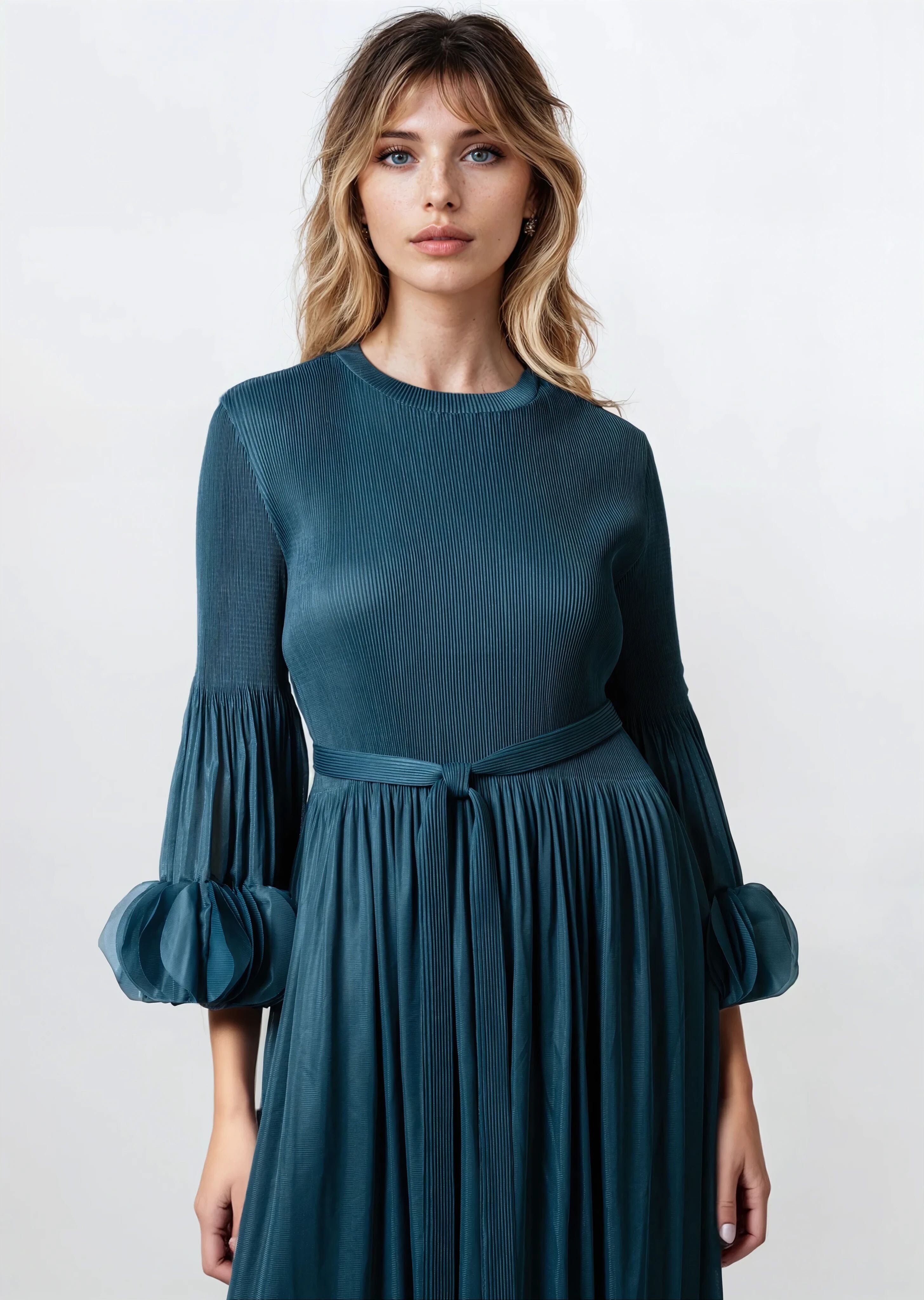 pleated dresses canada Tassel Hem Belted Pleated Dress