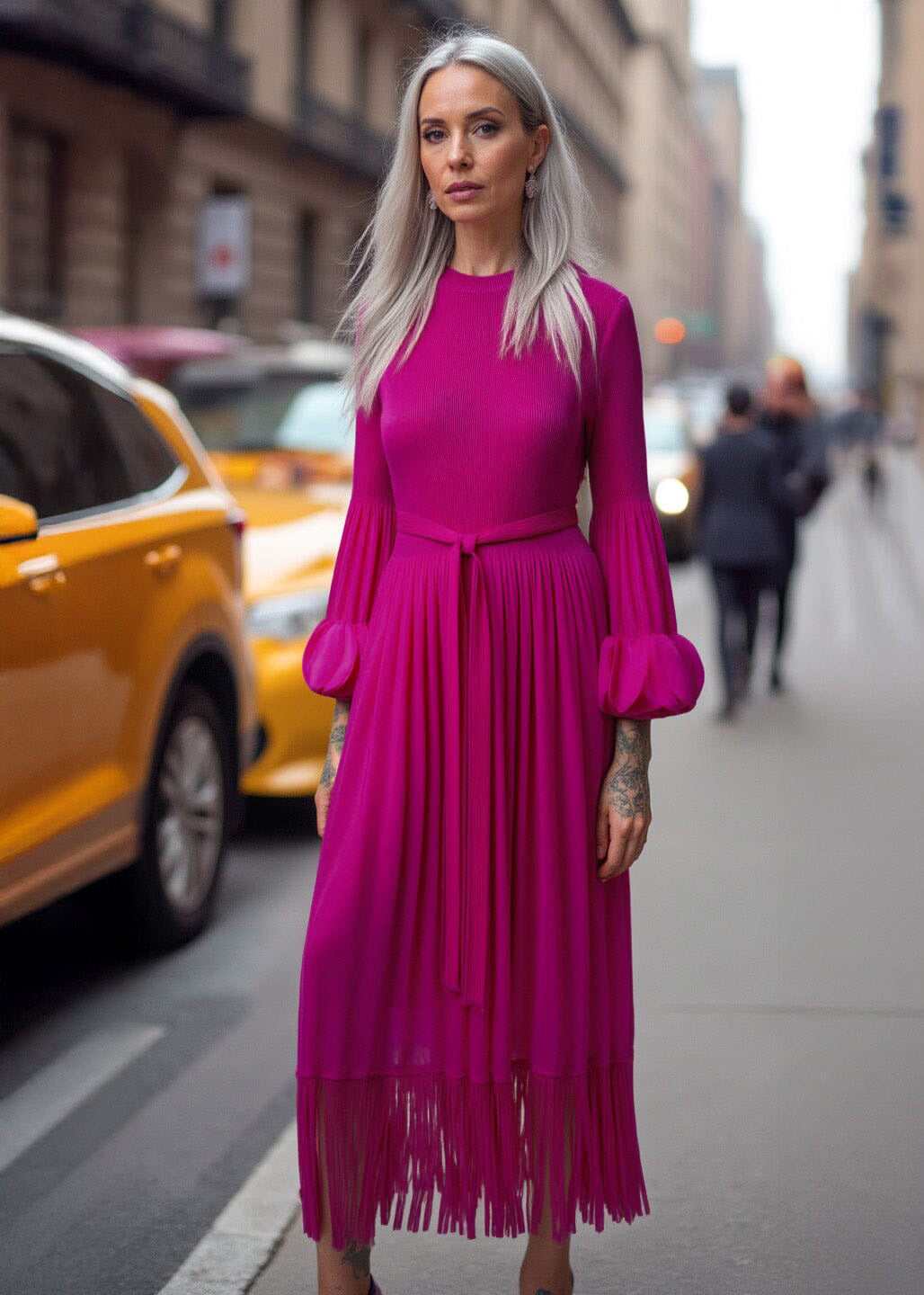 pleated dresses canada Tassel Hem Belted Pleated Dress