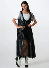 Tulle Hem Faux Leather Layering Dress