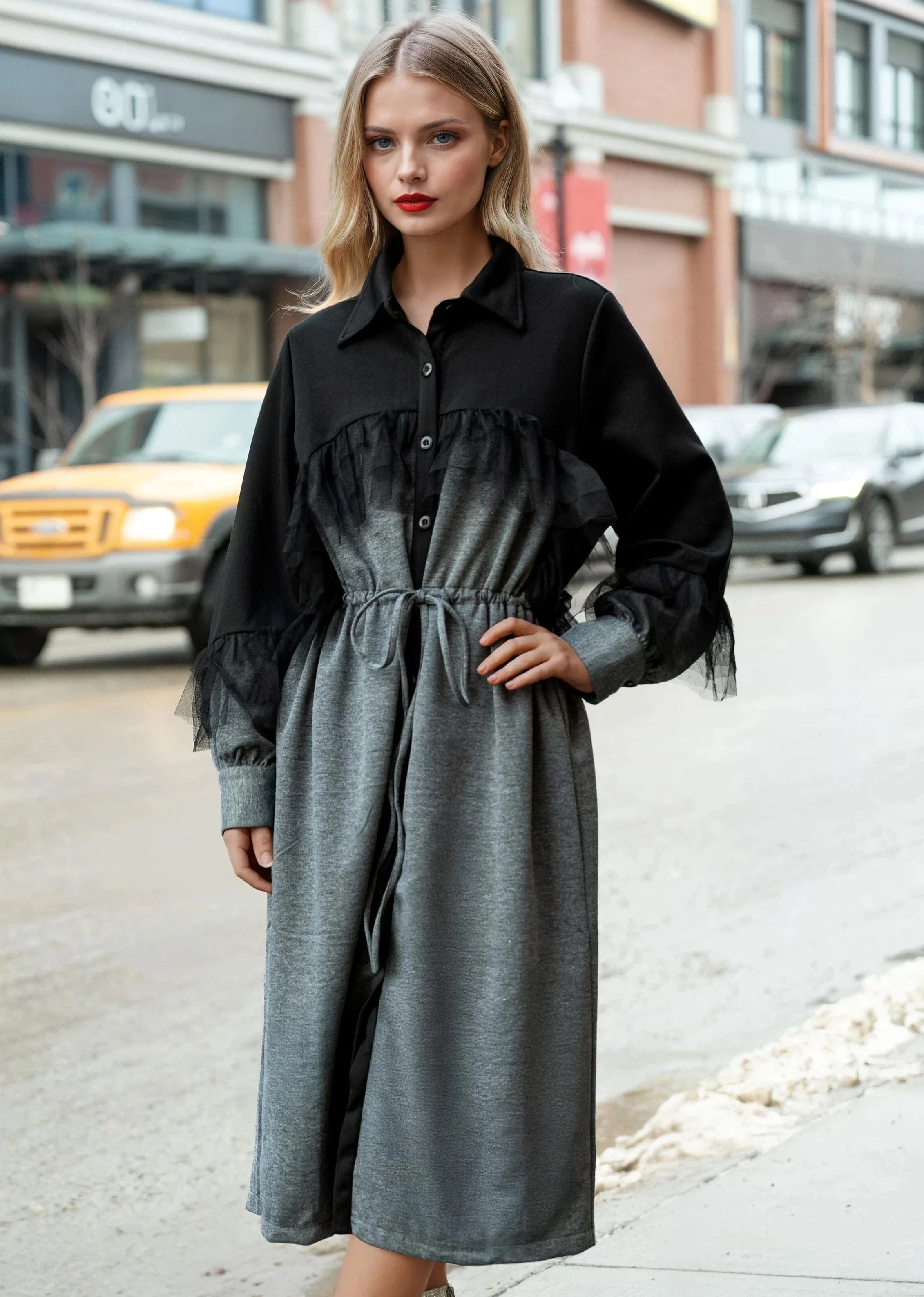 Tulle Trim Cinched Button Up Dress