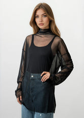 Turtleneck Mesh Long Sleeve Top