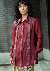 Vegan Leather Sheer Button Up Blouse