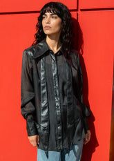 Vegan Leather Sheer Button Up Blouse